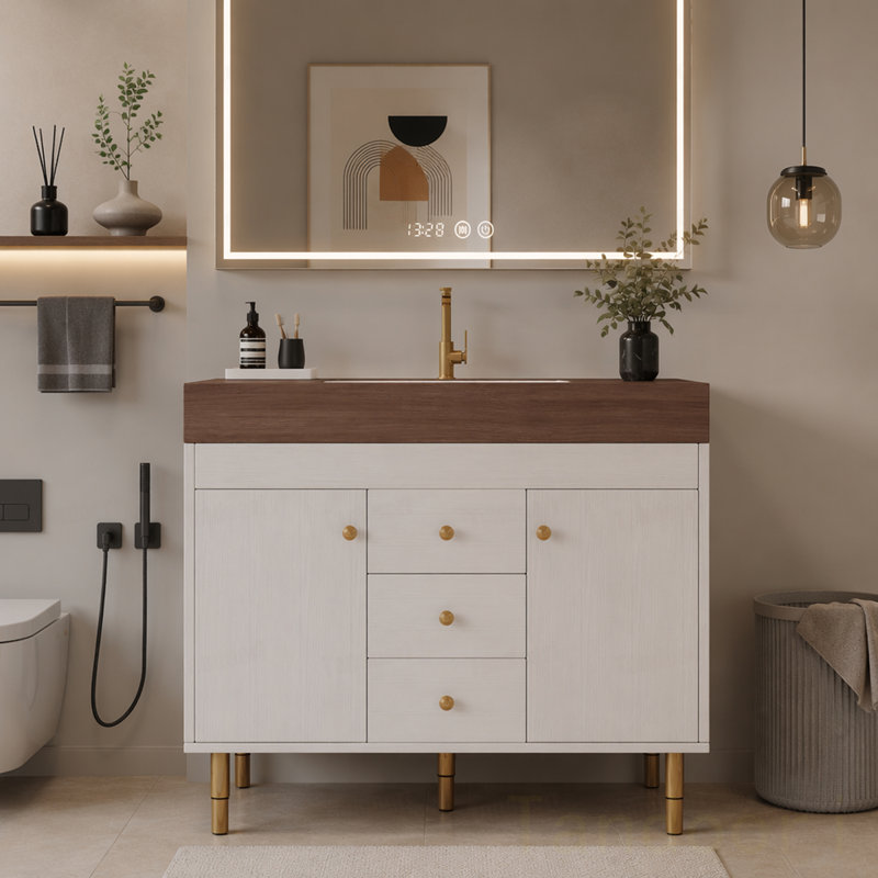 Meuble-lavabo autoportant moderne avec lavabo en céramique et grand rangement, Dark Brown