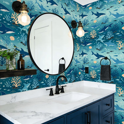 Peel and Stick Wallpaper Shark Ocean Coral Reef Tropical Fish Blue Coastal Wall Mural 17.7"W x 118"H Self Adhesive Removable Wall Paper Renter Friendly Wallpaper for Nursery Bedroom Cabinets