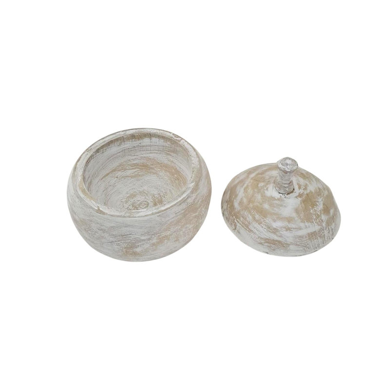 Pot décoratif en bois délavé avec couvercle blanc