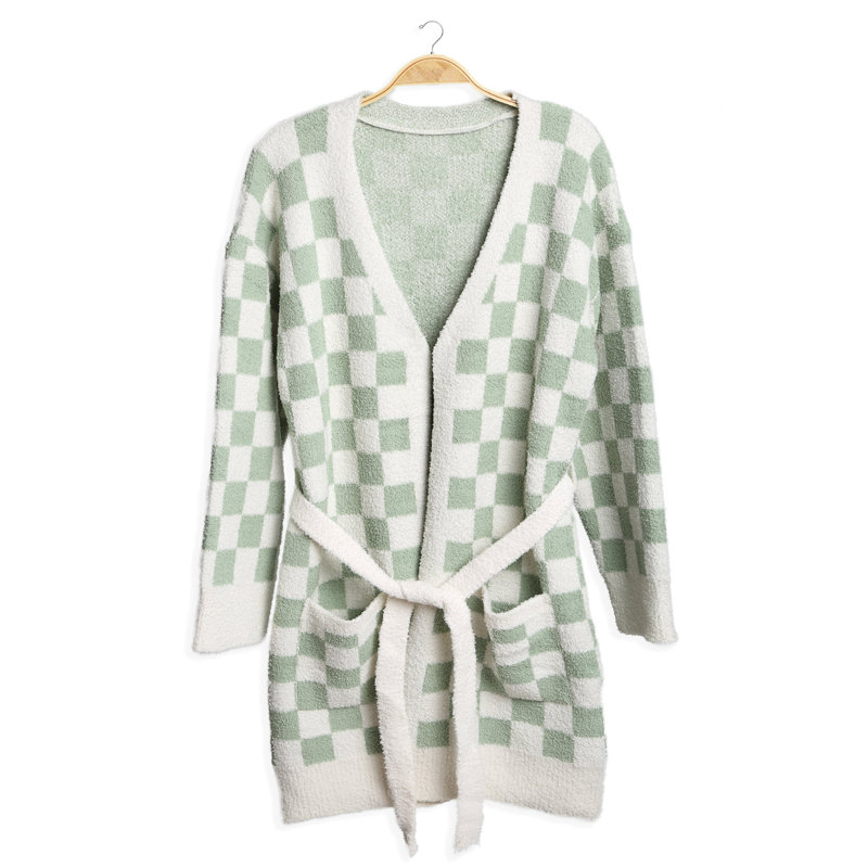 Peignoir moelleux à carreaux avec ceinture à poches avant - SAGE, Sauge