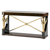 Handcrafted Spanish Empire Burl Walnut Console Table with Carrara Marble Top