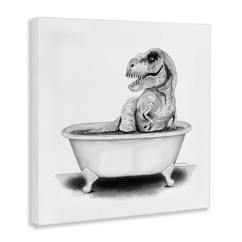 «Funny T-Rex Bathaign Washroom» par Rachel Nieman - impression sur toile tendue, H 17 po x l 17 po x P 1,5 po