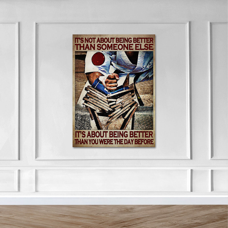 Homme qui pratique le taekwondo - il ne s'agit pas d'être mieux qu'une autre personne, toile tendue avec châssis - Illustration de sport, décor de salon brun et blanc