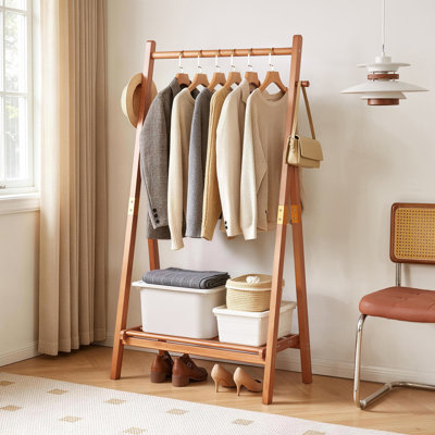 Portant à vêtements robuste en bois massif autoportant, porte-vêtements en forme de A avec tablette de rangement inférieure et crochets latéraux, présentoir à vêtements pour chambre à coucher, couloir