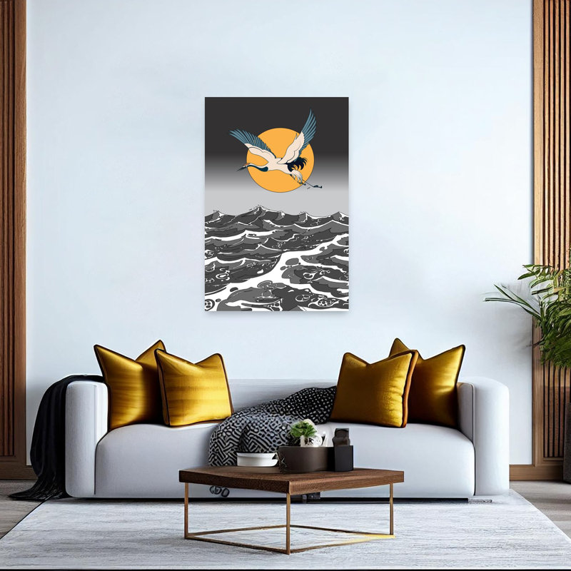 Japanese Crane Rising Sun Dramatic Elegant Minimalist Bird Nature Ocean Wall Art Print, 152.4cm H x 101.6cm W