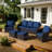5-Person Polyethylene Wicker Outdoor Patio Set with 3-Seat Sofa, Chairs, Ottomans & Blue Cushions-1266827770
