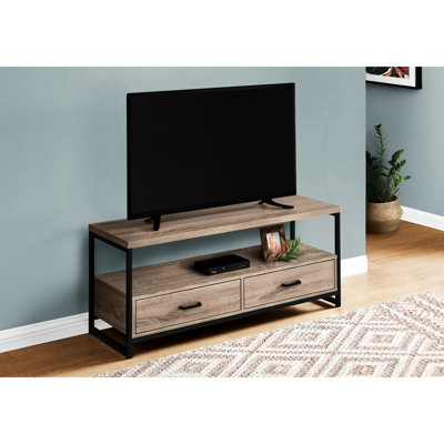 Meuble télé 48 pouces, taupe foncé et métal noir, 2 tiroirs et rangement pour la chambre à coucher, pour le salon, convient à un meuble télé de 70 à 79 po avec des idées de rangement, peut accueillir