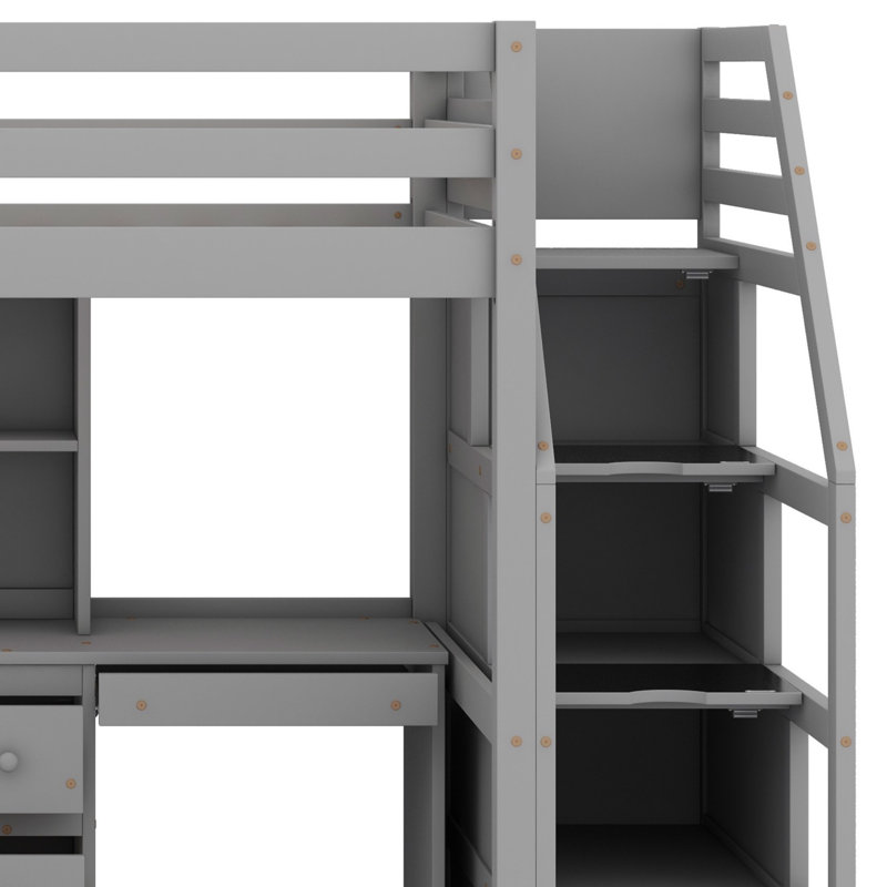 Lit mezzanine avec lit autonome, escalier de rangement, bureau, tablettes et tiroirs, gris