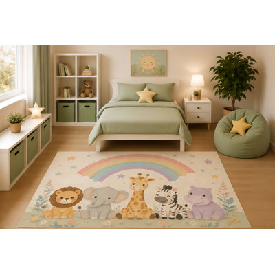 "Ultra Lightweight" 5' x 7' Kids Area Rug Pastel Safari Baby Animals Rainbow Rug Lion Elephant Giraffe Zebra Hippo Nursery Decor Non-Slip Silicone Backing Low Pile
