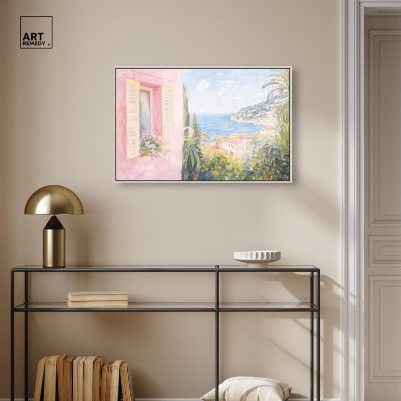 Toile rose méditerranéen par Art Remedy, H 37 po x l 55 po, Argent argent, Cadre flottant