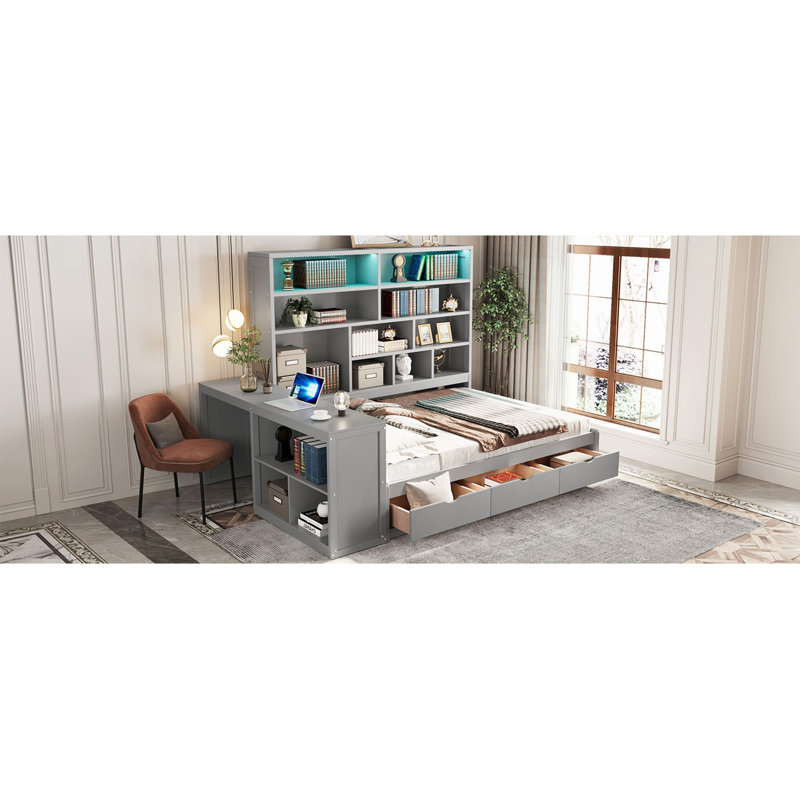 Lit de jour en bois avec trois tiroirs, bureau, tablettes et lumières UnaNoxa, Gris