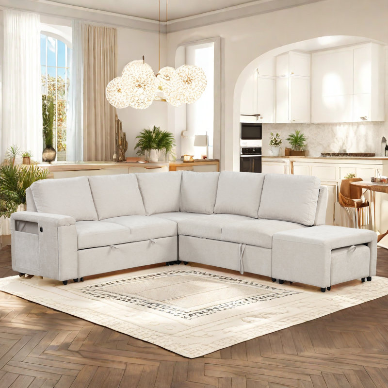 Upholstered Sofa with Storage Space and USB Ports, Beige Polyester