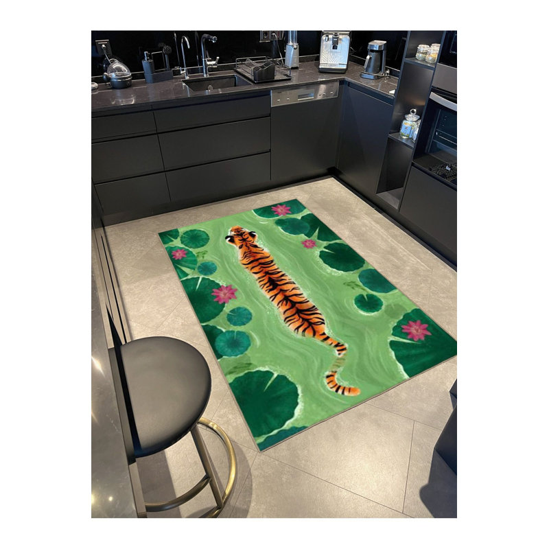 Tapis décoratif vert à motif de lac et de tigres vert, Tapis de couloir 2 pi 6 po x 9 pi 10 po inclus