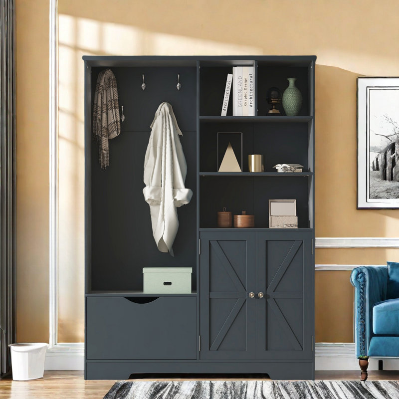 Okan Multi-functional Hall Tree with Storage Shelves Drawers and Cabinet with Bench, Antique Blue