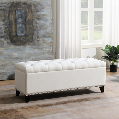 Banc de rangement beige de 47,5 po avec charnières étroites, tissu exquis, clous argentés, pour dortoir, couloir doux et respirant, bout de lit