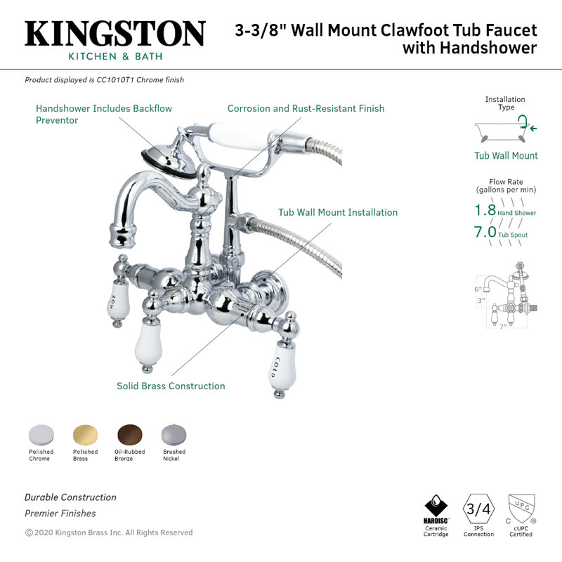 Kingston Brass Vintage Three-Handle 2-Hole Tub Wall Mount Clawfoot Tub Faucet with Hand Shower, Polished Chrome