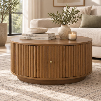 Table basse ronde cannelée de style moderne du milieu du siècle avec 2 tiroirs incurvés dissimulés, table basse de rangement cylindrique en noyer pour salon