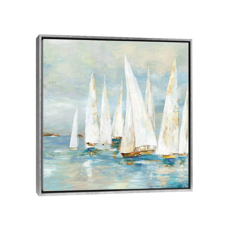 Voiliers blancs de Allison Pearce, reproduction d’art, H 18 po x l 18 po x 1,5 po, Toile avec cadre argenté, Pas de tapis