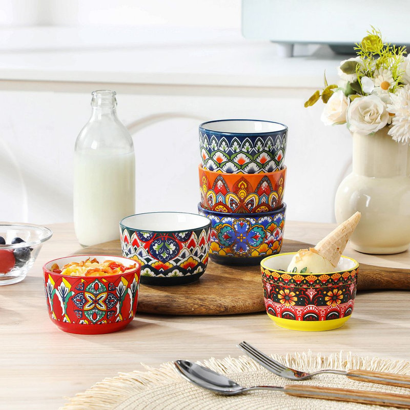 Ensemble de ramequins en céramique, vases de cuisson en porcelaine avec motif floral botanique et bordure verte, plats à soufflé et crème brûlée allant au four, va au micro-ondes et au lave-vaisselle