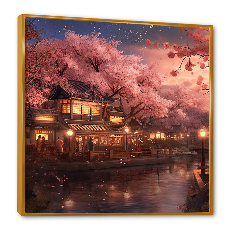 «Japanese Sakura Landscape Evening», reproduction d'art sur toile, Cadre flottant doré, H 30 po x l 30 po x P 1 po
