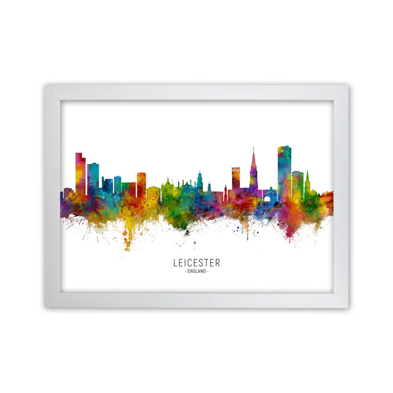 Leicester England Skyline by Michael Tompsett - Print, 64cm H x 88cm W x 3cm D, White Framed