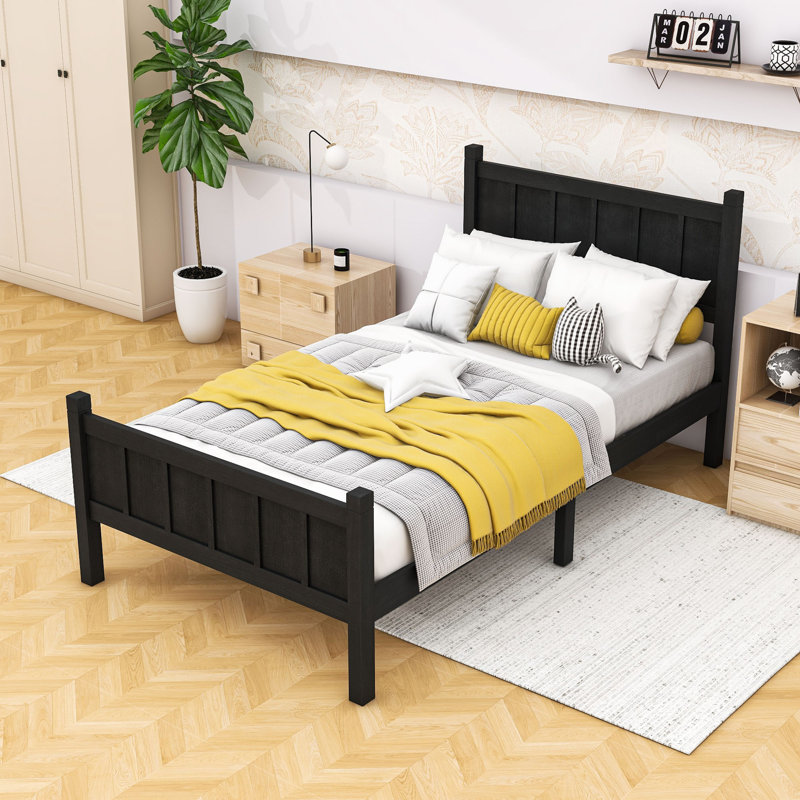 Lit plateforme en bois avec tête de lit robuste et rangement sous le lit, Lit simple, Noir
