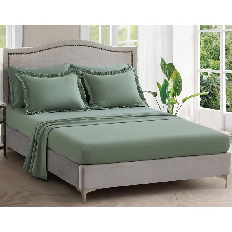 Ruffled Edge Microfiber Bed in a Bag Comforter Set, Sage, Oversized King Comforter + 6 Additional Pieces