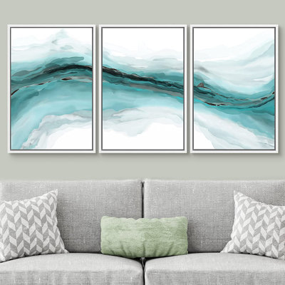 Pastel Watercolor Vibrant Teal Abstract Landscape Wall Art Framed On Canvas 3 Pieces Painting Print