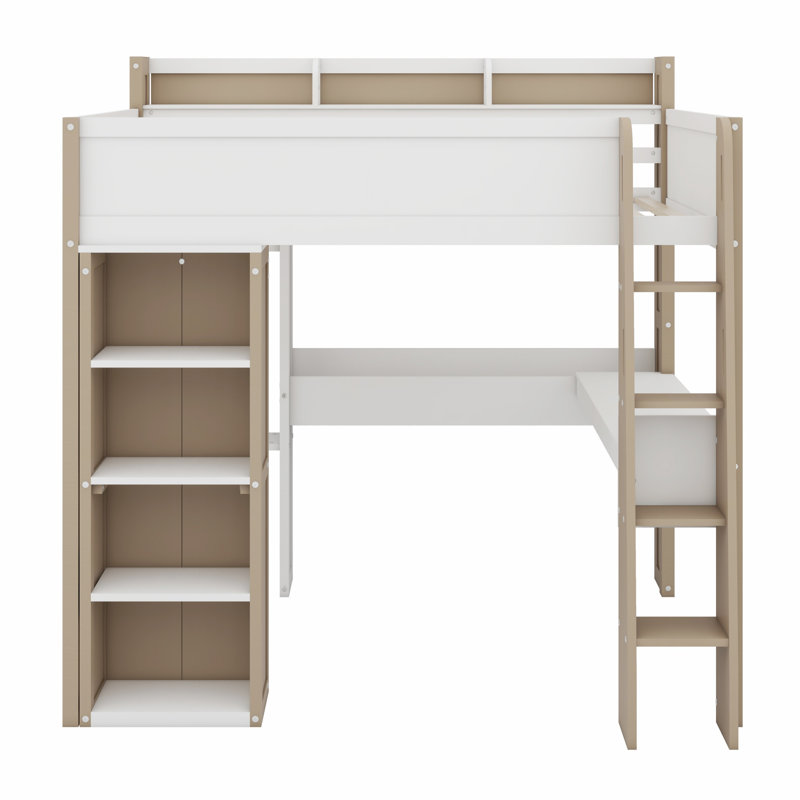 Wood Loft Bed With Storage Shelves, Clothes Rails And Desk, White/Natural