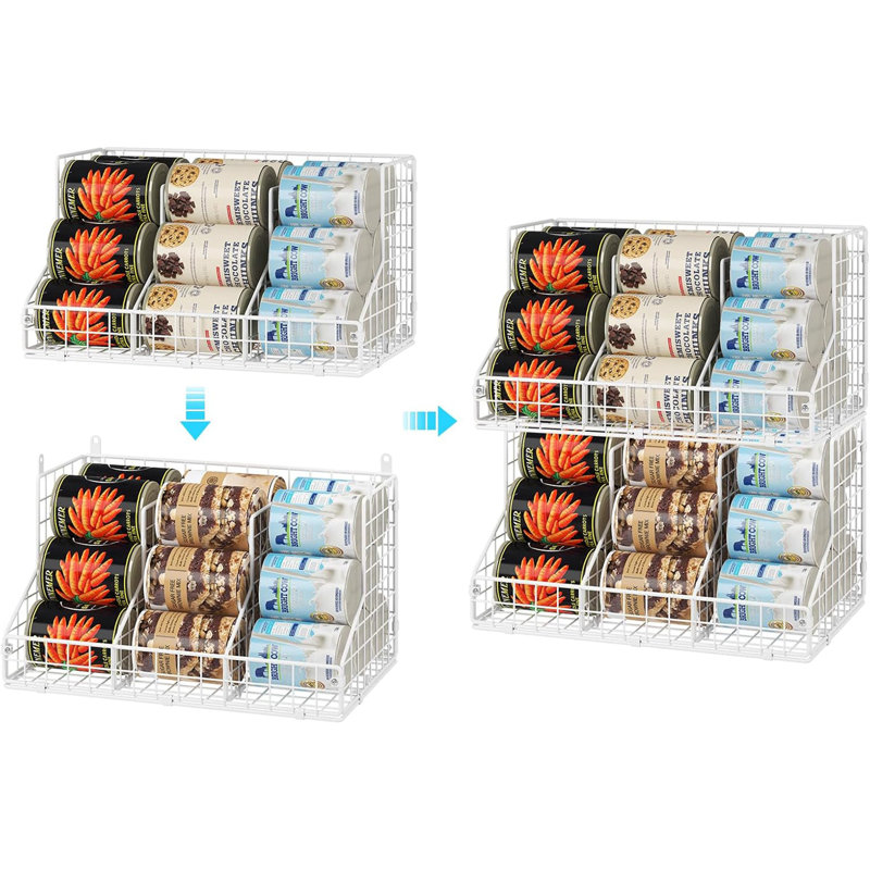 Support de rangement empilable en conserve; organisateur de nourriture en conserve avec 4 tablettes réglables; support à boissons à deux niveaux pour panier de boissons / boissons gazeuses avec 6 compartiments; grande capacité, idéale pour les armoires de cuisine et les garde-manger; blanc