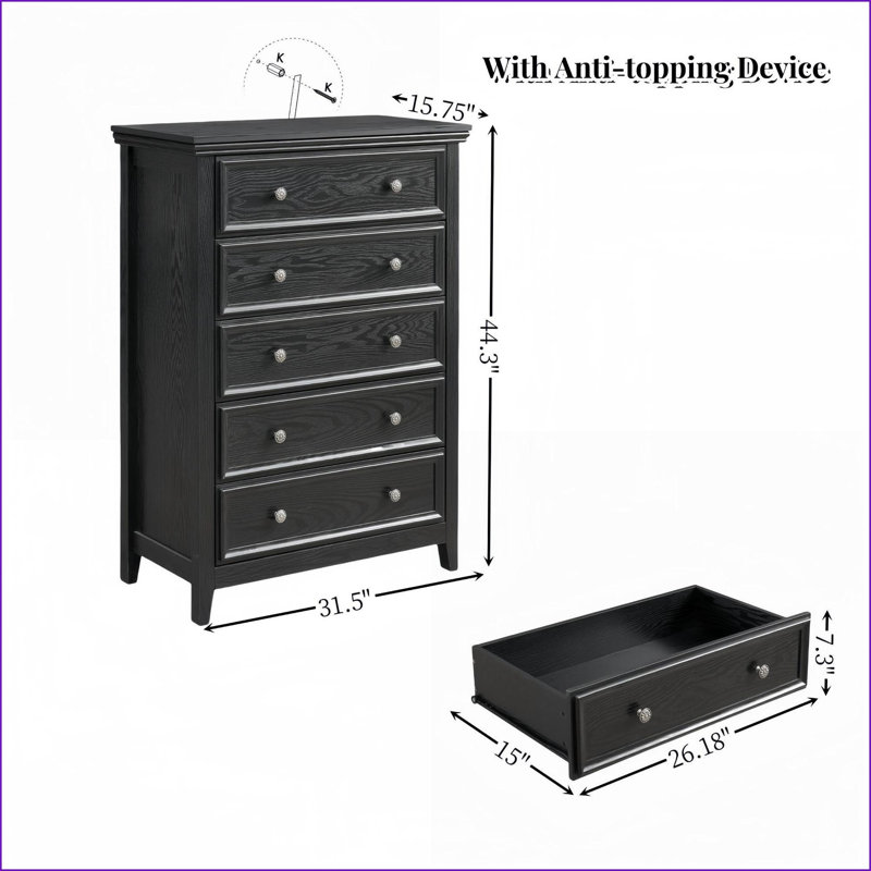 Dresser 5 Drawer Modern Farmhouse Black | Anti-Tipping | Smooth Slides | MDF | Living Room