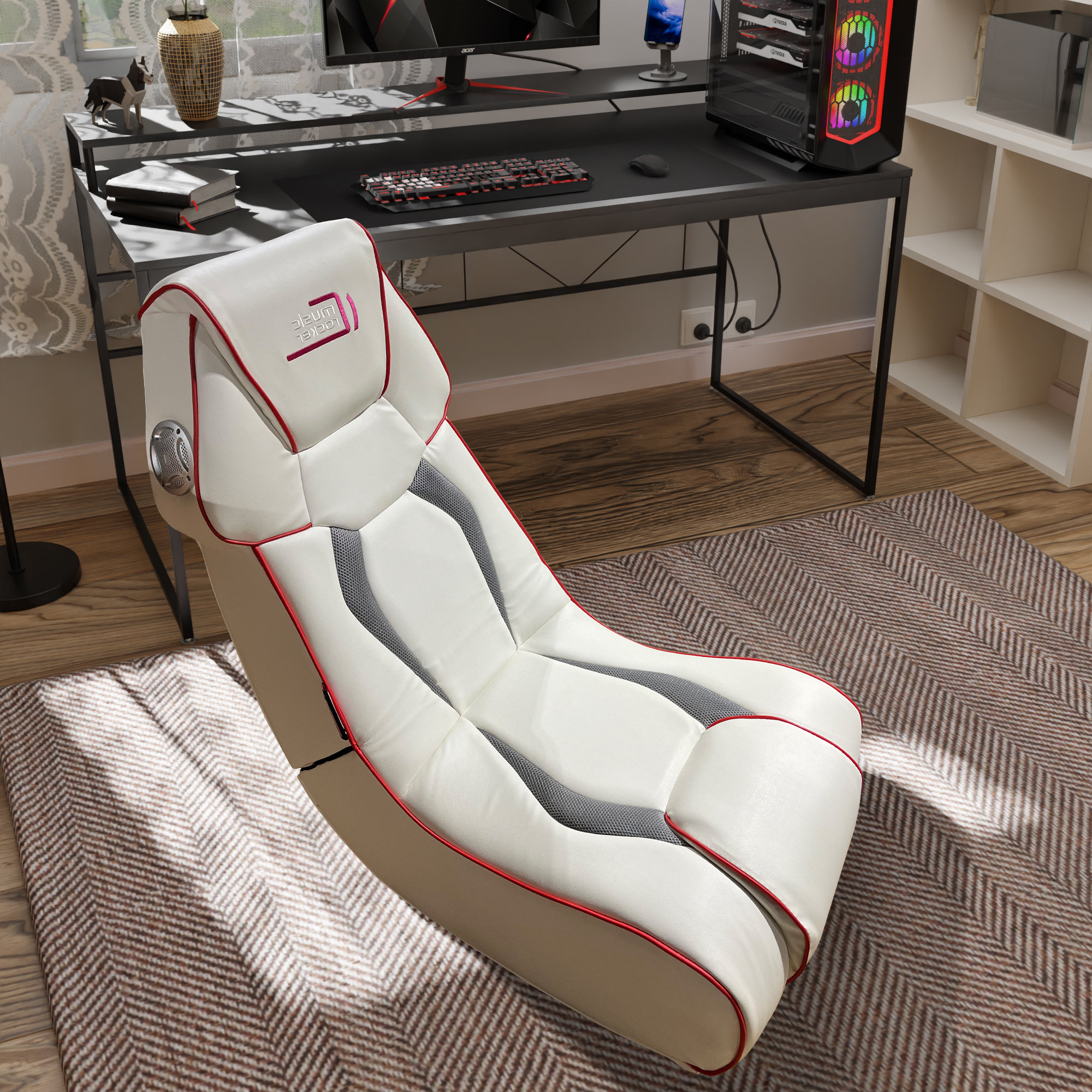 Hokku Designs Ergonomic Faux Leather Rocker Game Chair with Built-in ...