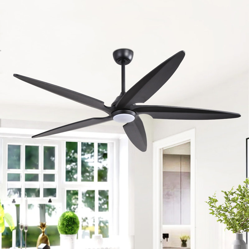 Ventilateur de plafond en bois massif à 5 pales Chanille avec lumière DEL et télécommande, 64", Noir, Noir mat