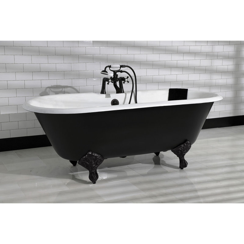Kingston Brass Aqua Eden 66-Inch Cast Iron Oval Double Ended Clawfoot Tub (7-Inch Faucet Drillings), Black/White/Matte Black