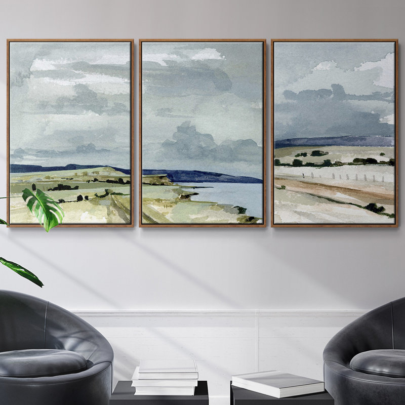 «Coastal Blues Watercolor II», 3 pièces, Noyer, H 27 po x l 54 po