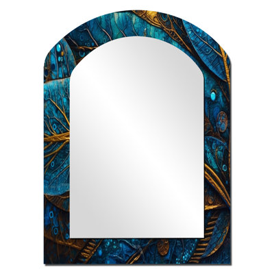 Blue And Gold Melodies Of Boho I - Boho Feather Asymmetrical Unique Wall Mirror, Traditional Arch Mirror, Printed Metal Art