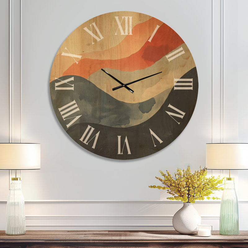 Horloge murale surdimensionnée orange bohème « Collines balayées par le vent I », imprimée sur bois, Très grand