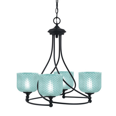 Lustre 4 lumières Sheffield montré en noir, verre turquoise 6 "