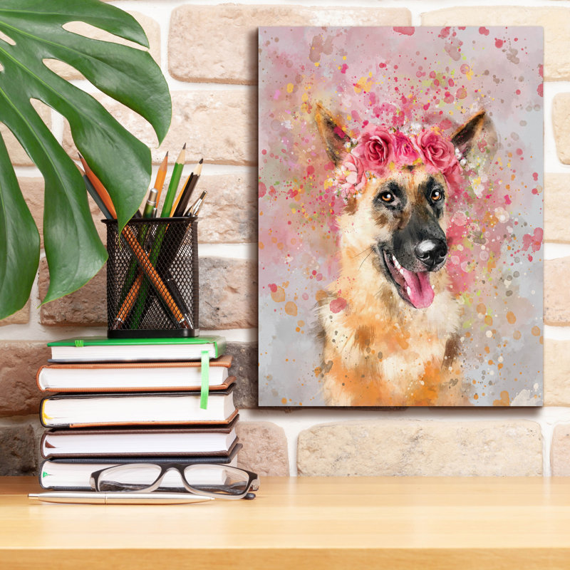 «Flower Crown German Shepherd» par Furbaby Affiliates, art mural sur toile, H 16 po x l 12 po x P 0,75 po