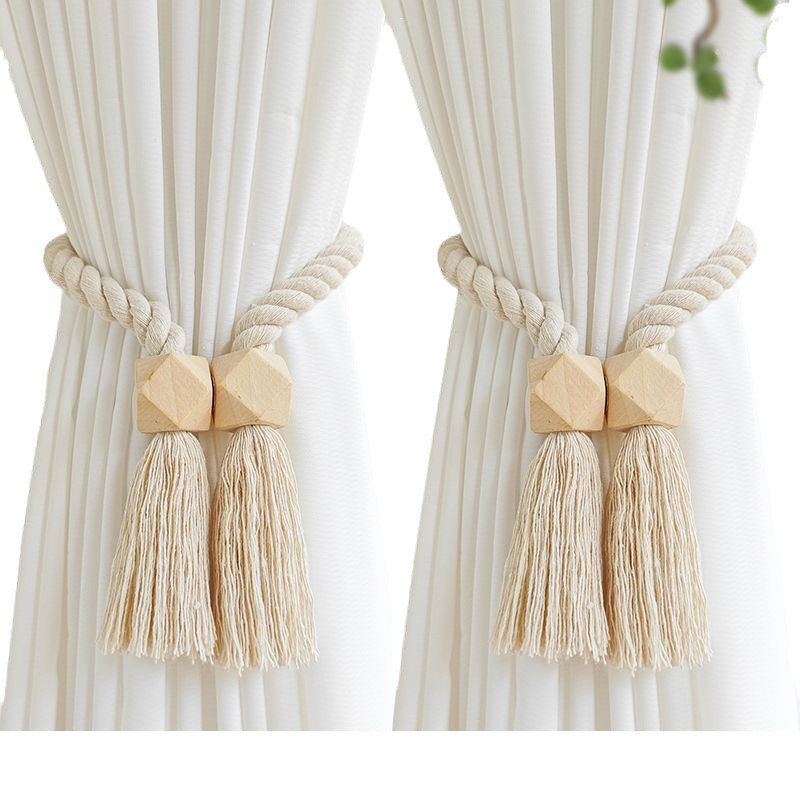 Rustic Magnetic Wooden Ball Curtain Tieback, Beige