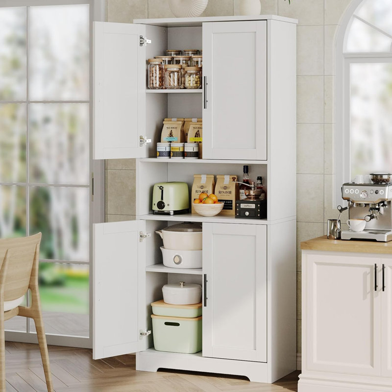70 in Tall Kitchen Pantry Cabinet, Freestanding Storage Cabinet with 4 Doors and Adjustable Shelves, White