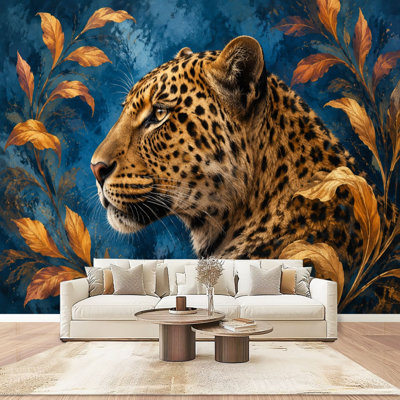 Décoration murale Leopard Portrait Wildlife Leaves Golden Blue Peel and Stick