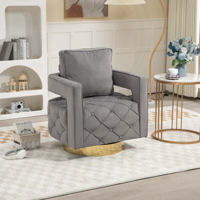 Fauteuil d'appoint pivotant - Fauteuil d'appoint moderne avec coussin, fauteuil d'appoint en velours avec bouton capitonné pour le salon, la chambre à coucher, le bureau