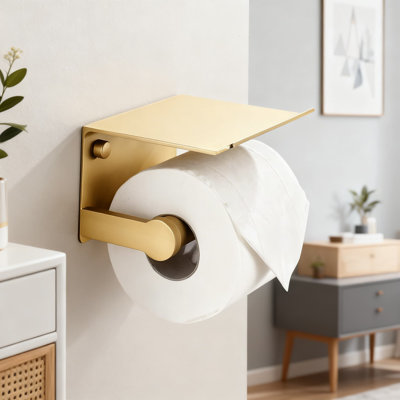 Wall Mount Toilet Paper Holder With Shelf And Phone Storage Space Saving Bathroom Organizer Brushed Gold Finish Durable Aluminum Construction Easy Installation