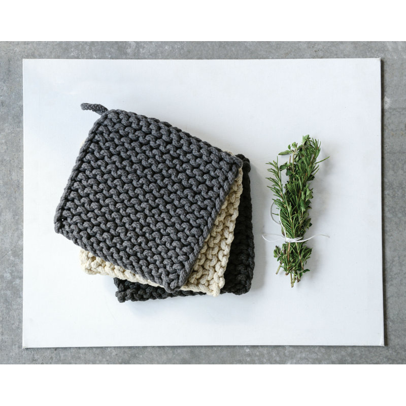 Cotton Crocheted Pot Holders, Gray/ Black/ Cream