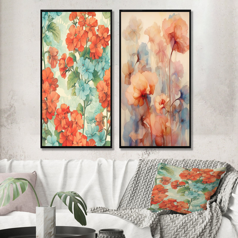 «Blue and Orange Geranium Collage Expression», ensemble de 2 reproductions d'art géraniums, Cadre noir, H 32 po x l 33 po