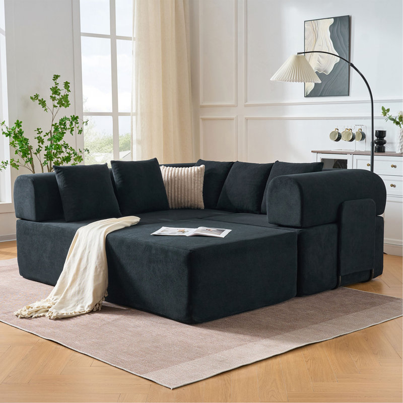 Canapé modulaire de 106 po, canapé modulaire en L en forme de L avec assise profonde, canapé moderne en velours sans os avec méridienne mobile et 5 coussins, canapé compressé pour le salon, aucun assemblage requis, noir