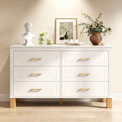 47.24" 6-Drawer Double Dresser with Metal Handles & Solid Wood Legs, Modern Storage Cabinet for Kids Bedroom, Heavy-Duty Wooden Dresser with Pre-Installed Ball-Bearing Slides, Mid-Century Style Chest for Bedroom, Nursery, Entryway