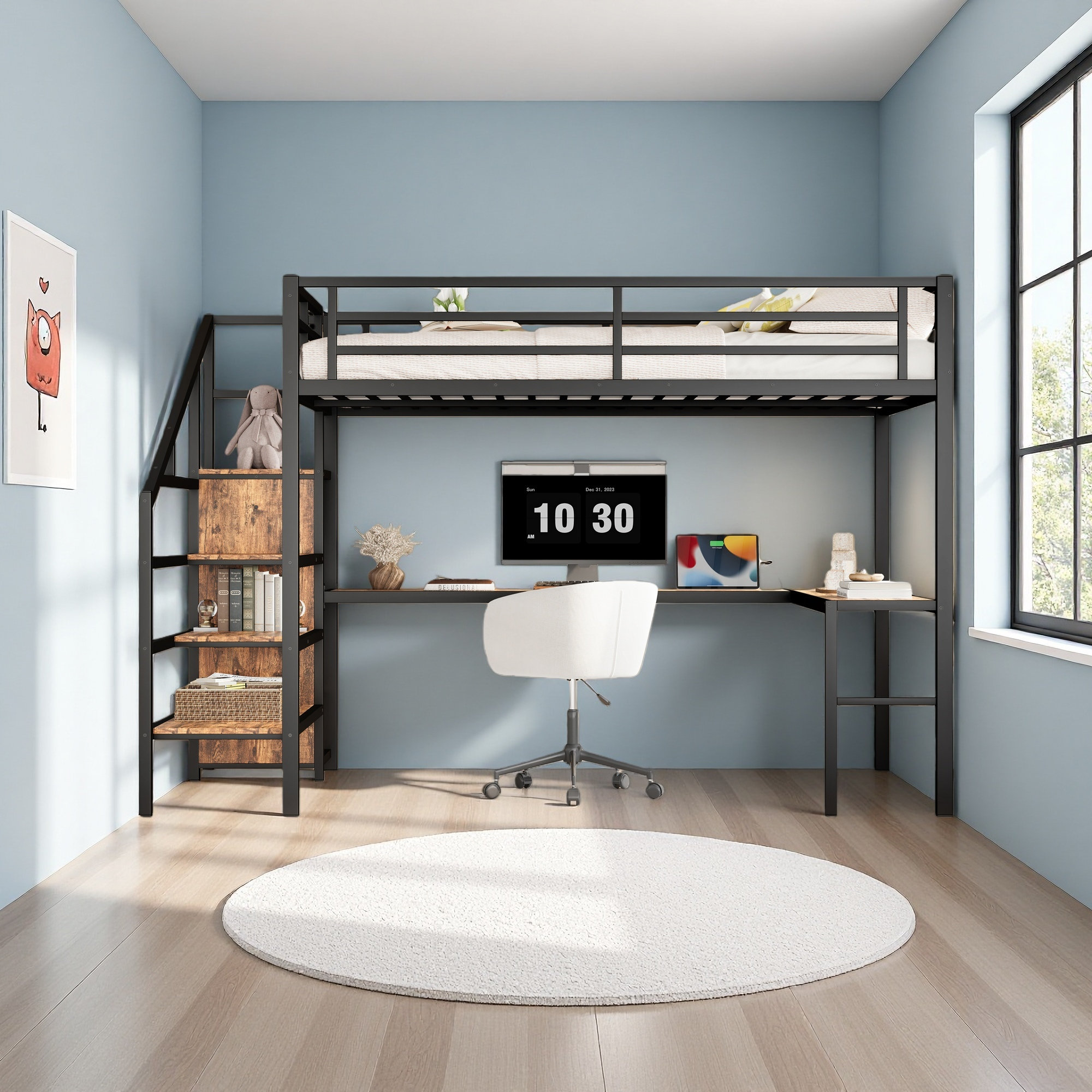 Harriet Bee Queen Size Loft Bed With L-Shaped Desk And USB, Metal Loft ...