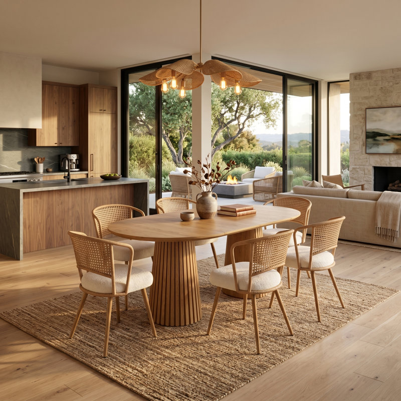 7-Piece Extendable Oval Dining Table Set With 6 Rattan Cane Back Upholstered Chairs, Natural